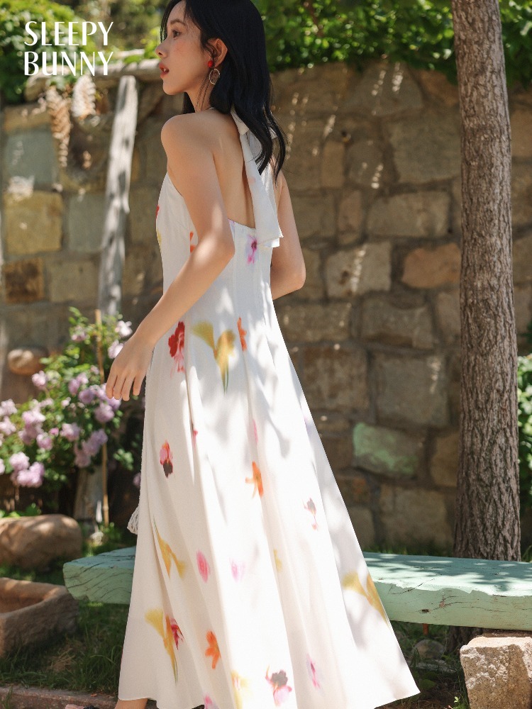 Midi Skirt Floral - Women Vacation Style Halter Neck Midi