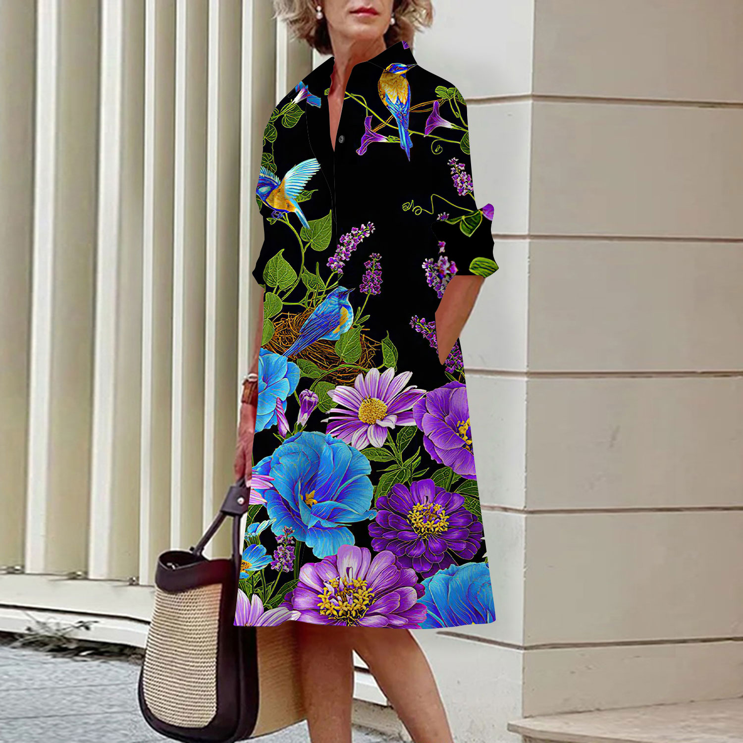 Floral Pattern Shirt Dress Ele - Midi Skirt Floral 评论和价格