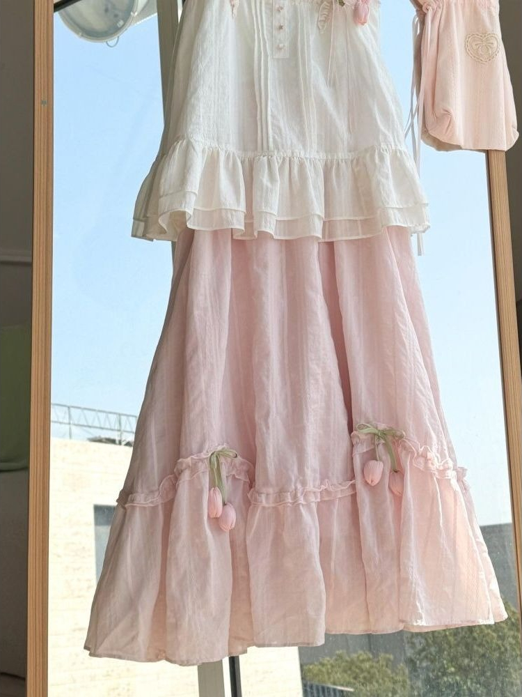 Sweet Kawaii Ruffle Trim Tulip - Midi Skirt Floral 评论和价格