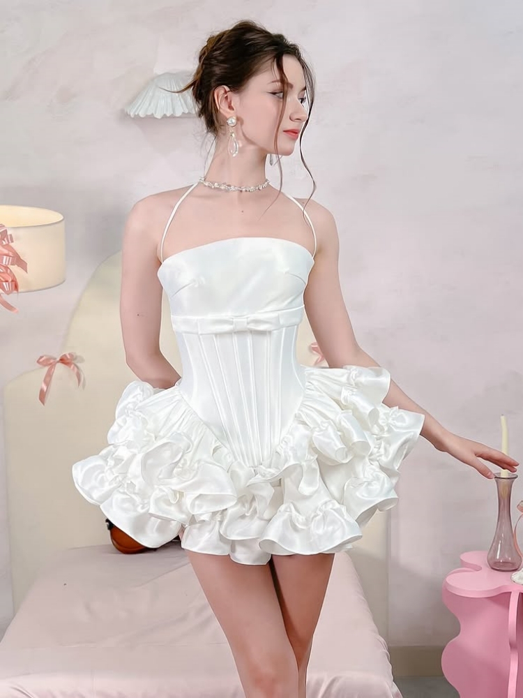 Women Pink White Lace-up Dress - Maxi Dress Halter 评论和价格